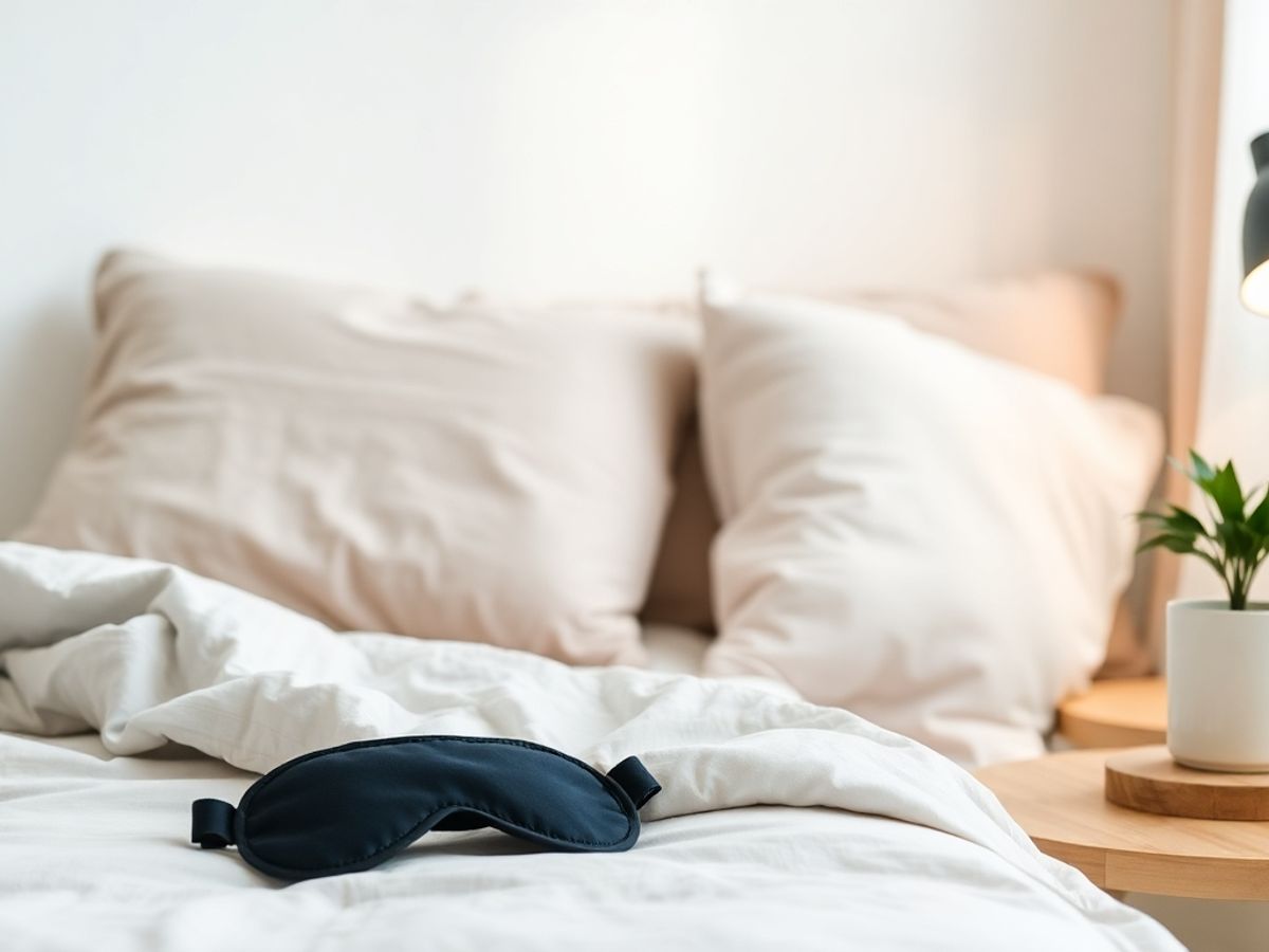 Cenário de quarto sereno com cama confortável e luz suave.