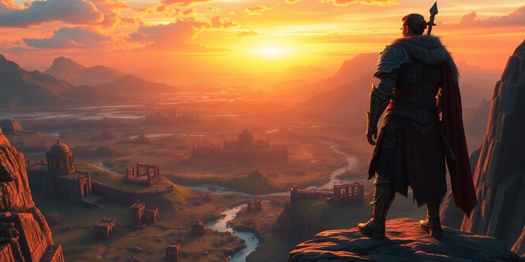 Ein Krieger auf einem Felsen vor einer fantastischen Landschaft.