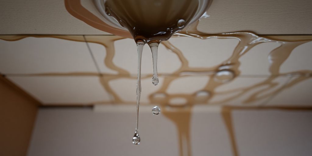 Water dripping from a damaged ceiling in a home.