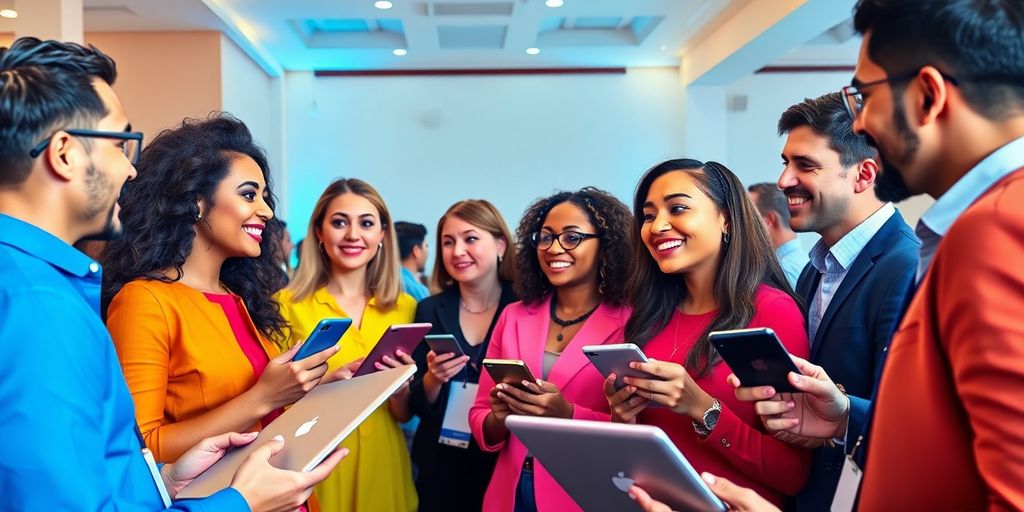 Diverse professionals networking at an event, engaging actively.