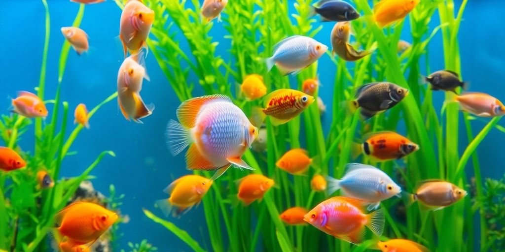 Makukulay na freshwater fish na lumalangoy sa isang masaganang aquarium.