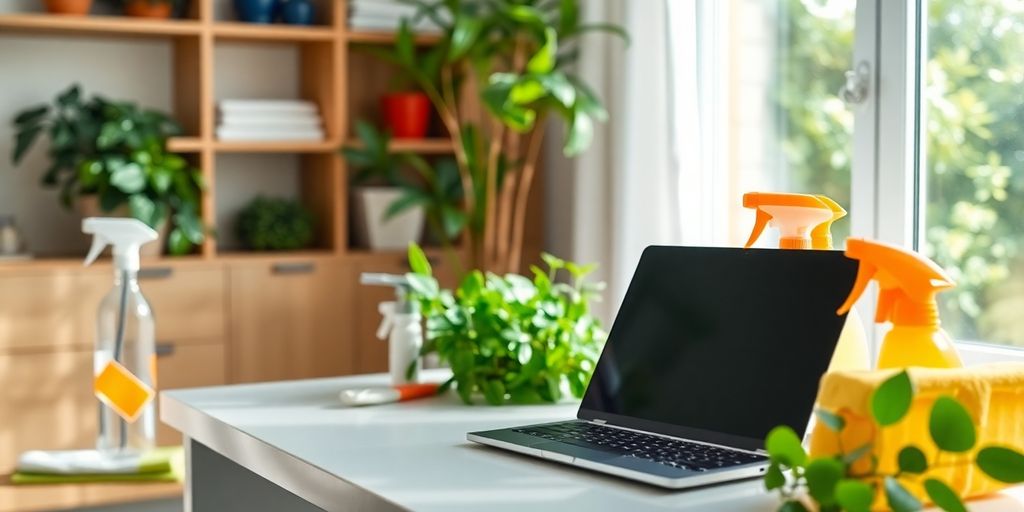 Modern workspace with cleaning supplies and a laptop.