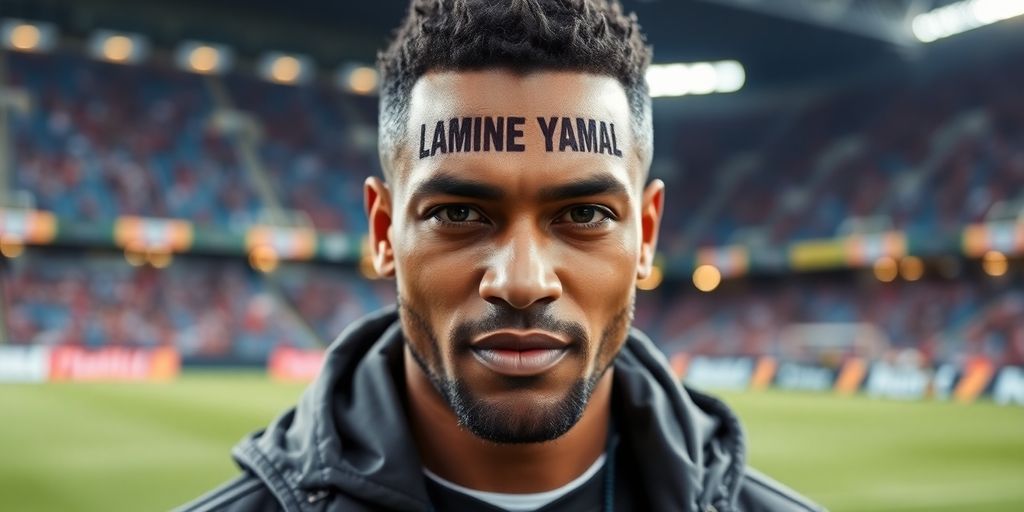 Lamine Yamal smiling on a football field.