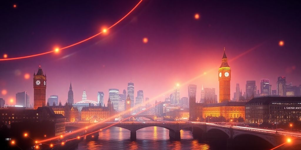 London skyline with digital elements.