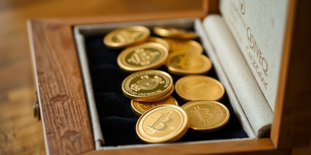 Collection de pièces d'or dans une boîte en bois.