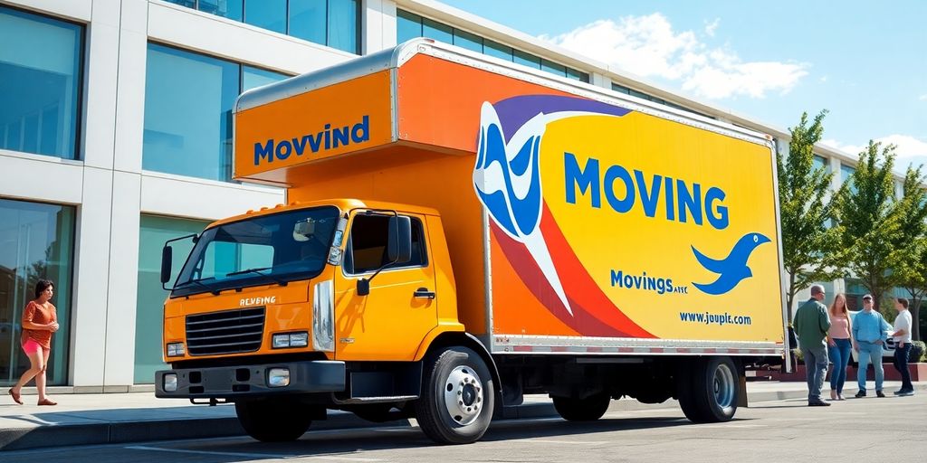 Moving truck with people networking in a city setting.