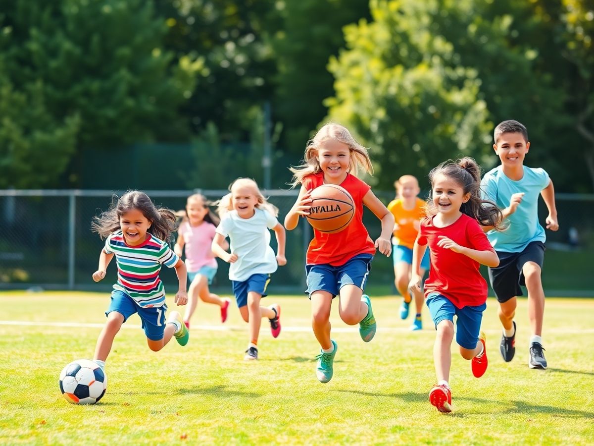 Copii jucând sporturi, zâmbete și energie pozitivă.
