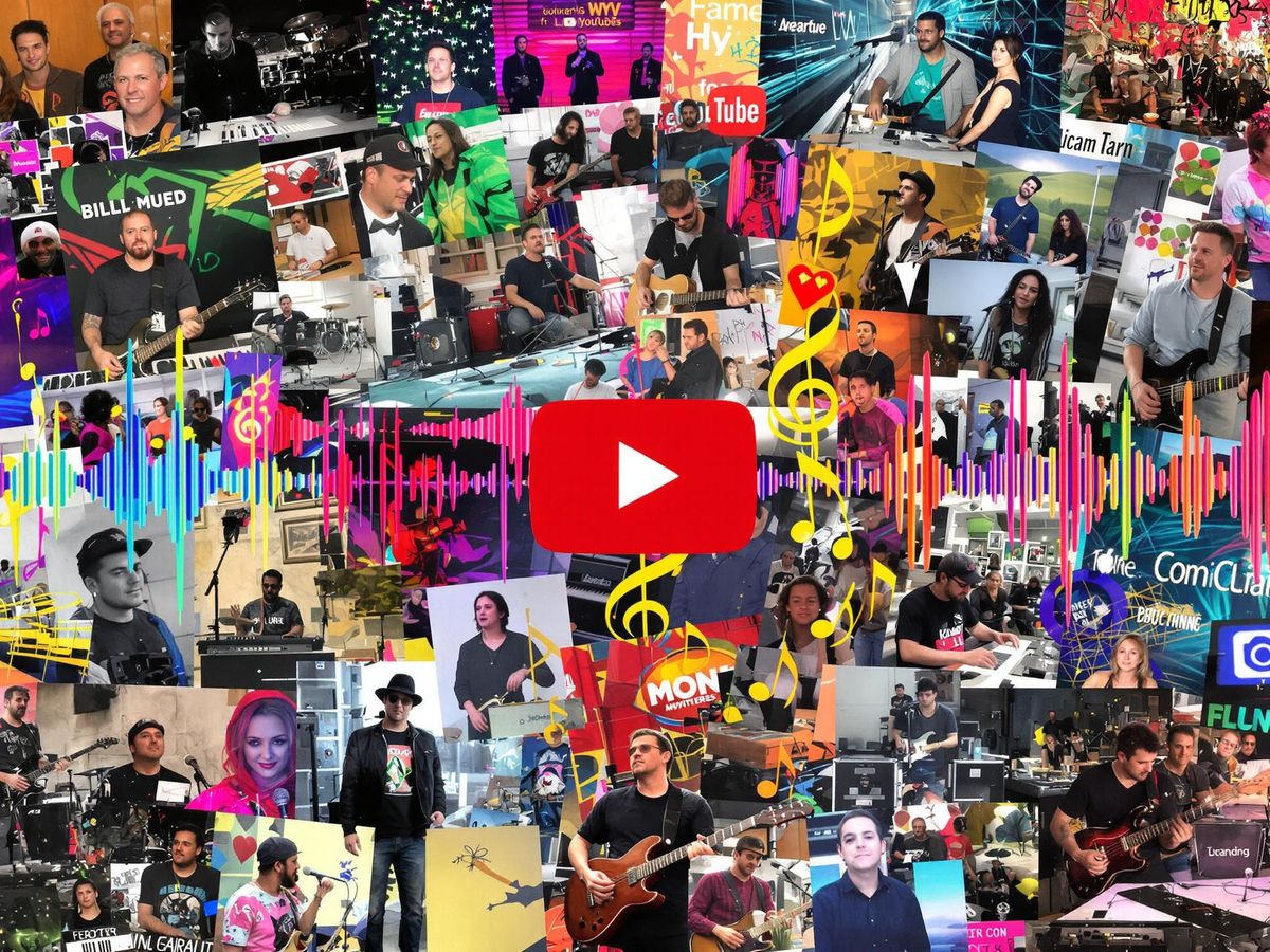 Musicians creating in a colorful, digital music environment.