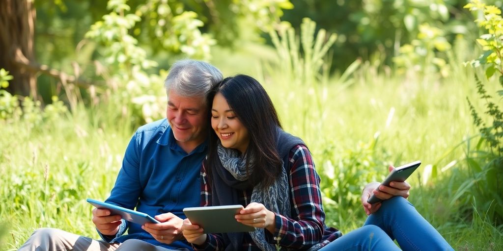 Couple in nature, engaged in personal hobbies together.
