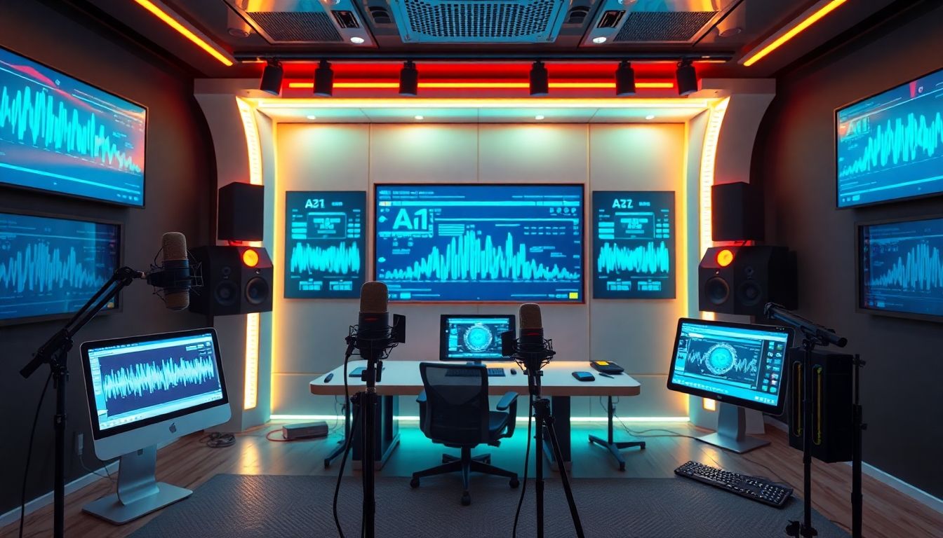 Futuristic audio studio with AI technology and equipment.