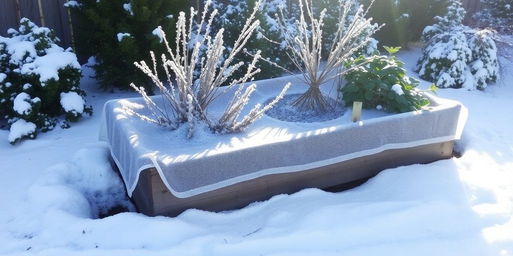 Frostbedecktes Hochbeet mit schützendem Vlies im Garten.