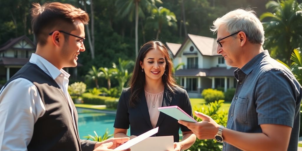 Real estate agent with clients in a tropical setting.