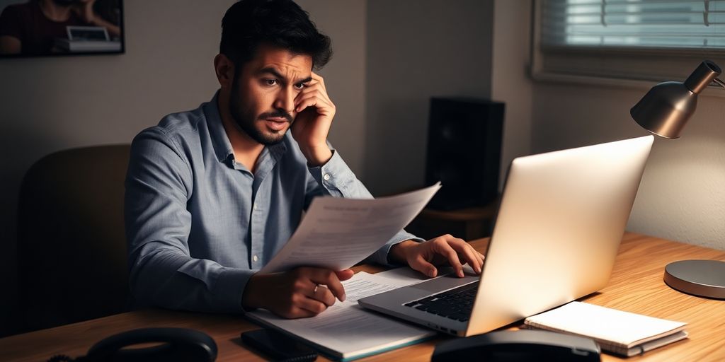 Person stressed at desk dealing with a romance scam.
