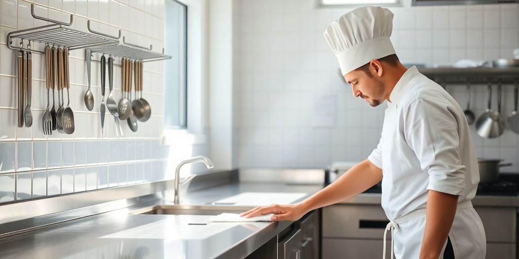 Cozinheiro em restaurante limpo com inspeção