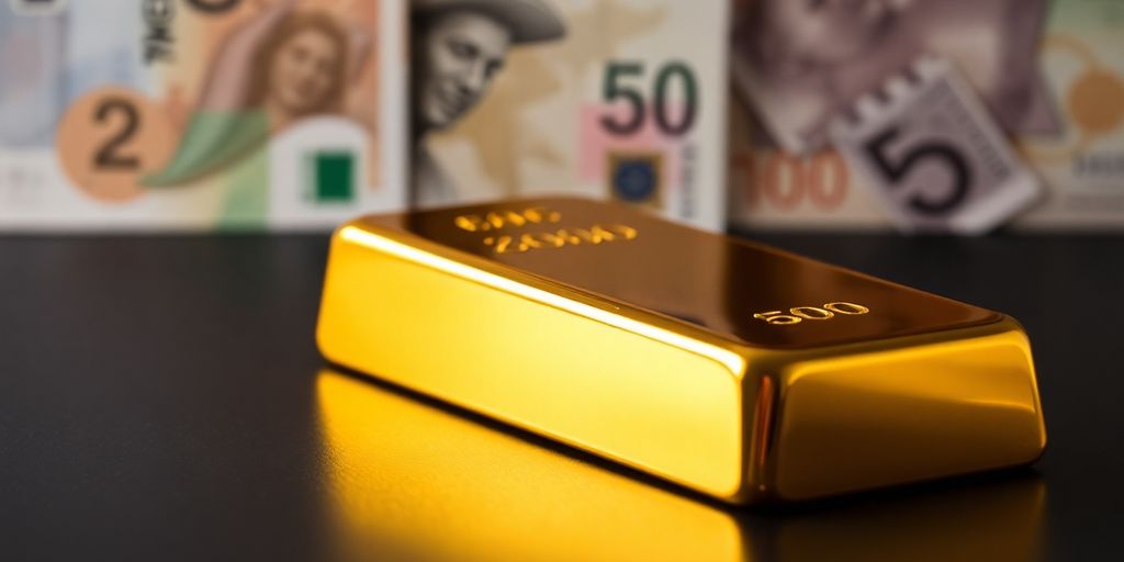 Un lingot d'or sur des billets de banque flous.