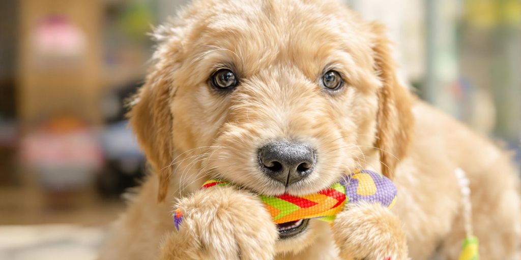 Puppy biting a colorful chew toy indoors.