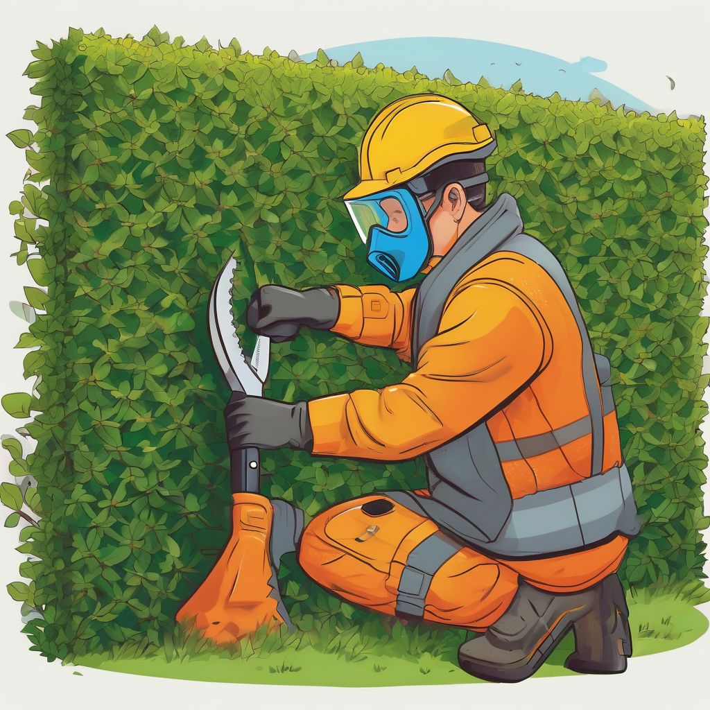 person wearing safety gear trimming a hedge in a garden