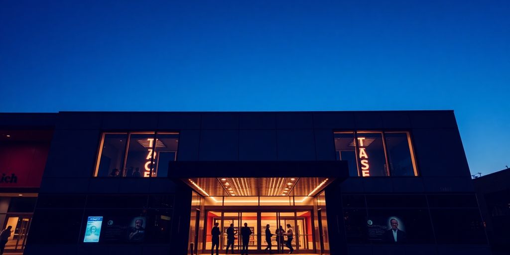 Modern theatre exterior, bright lights, people entering.