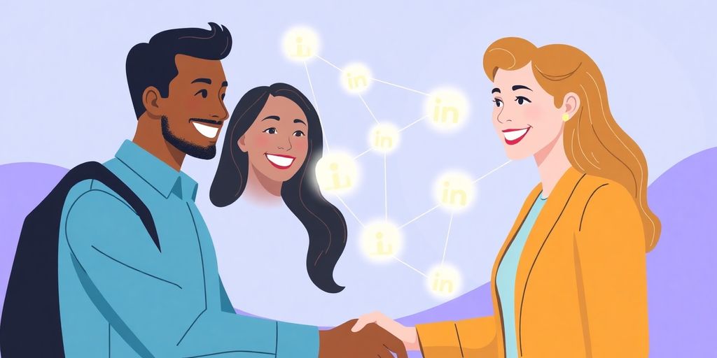 Two diverse professionals shaking hands, glowing LinkedIn icons.