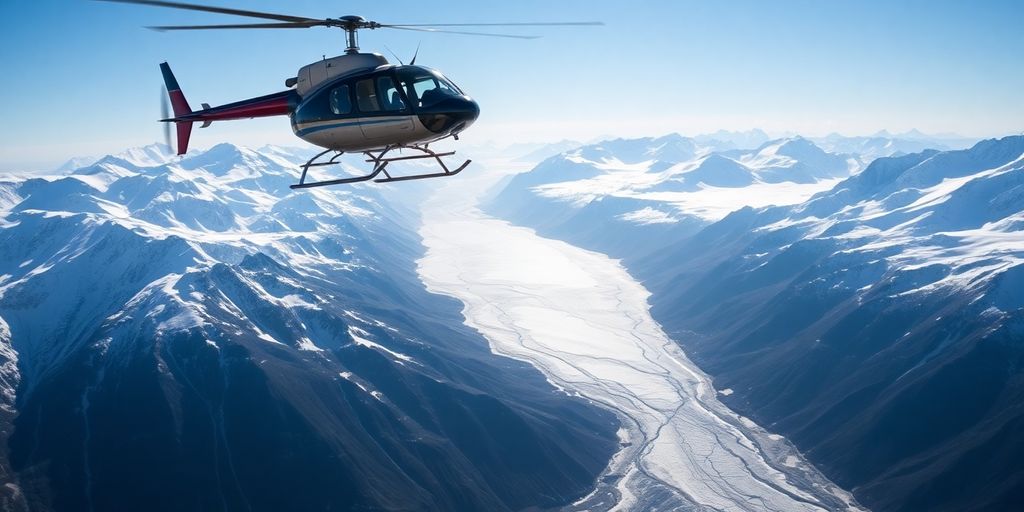 A helicopter flies over a vast Alaskan glacier and mountains.