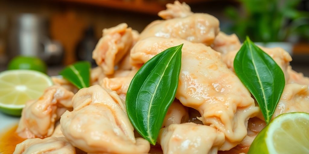 ไก่ต้มน้ําปลาโรยด้วยใบมะกรูดสด