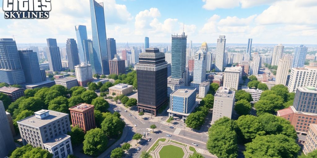 Vista da cidade com arranha-céus e ruas movimentadas.
