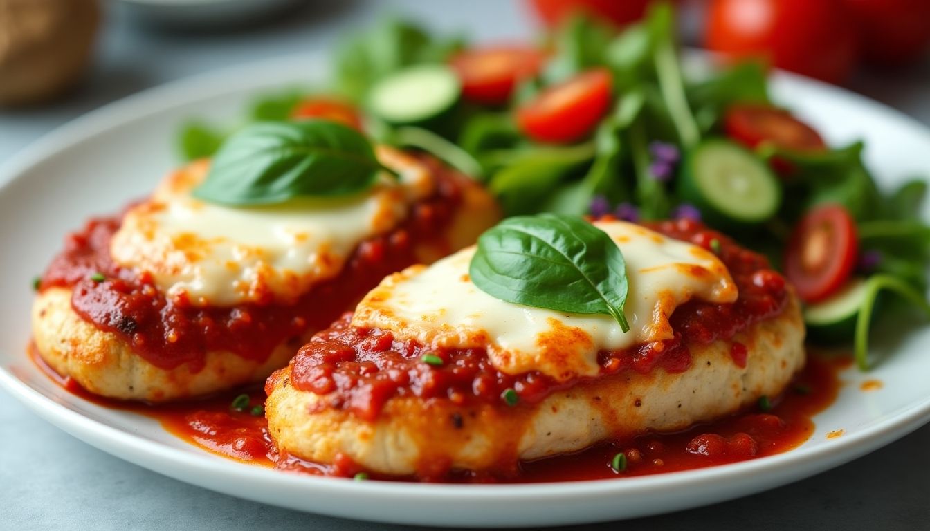 Healthy baked chicken parmesan with salad on a plate.