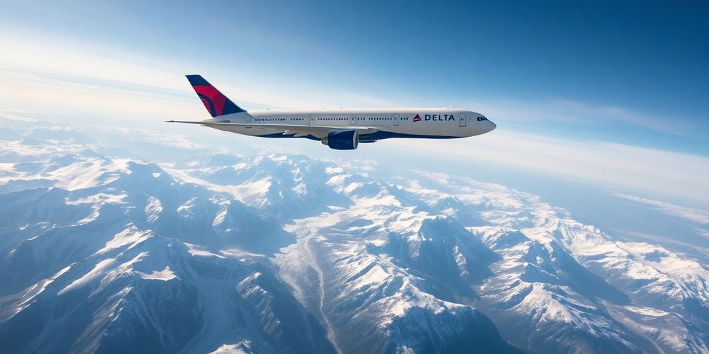 A Delta airplane flying over snowy Alaskan mountains.