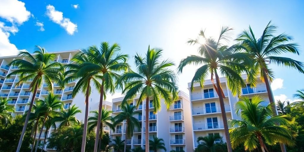 Vibrant Aventura, Florida scene with palm trees and homes.