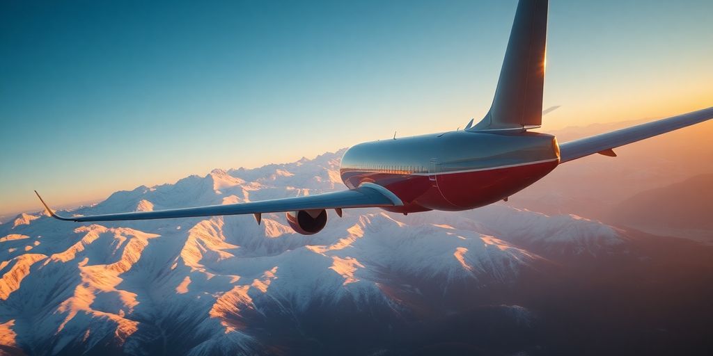 An airplane flying over snow-capped Alaskan mountains at sunset.