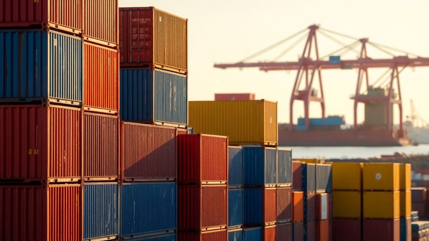 Stack of colorful shipping containers at a port.