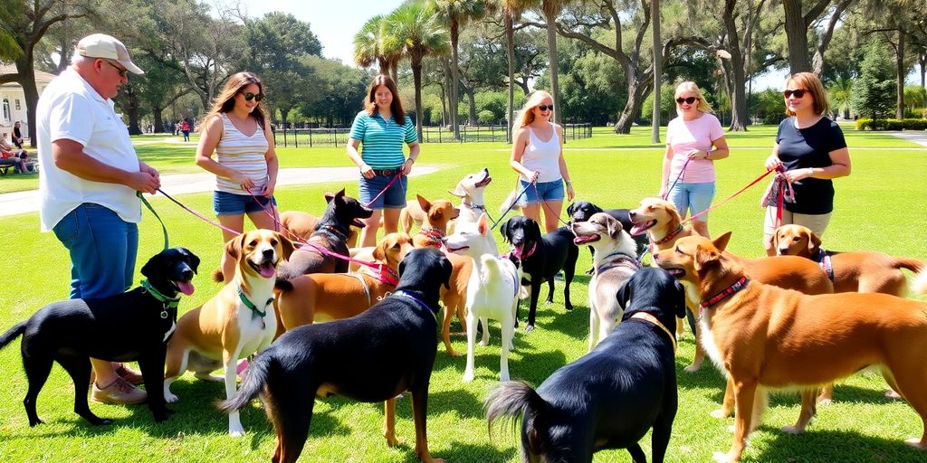 Dogs in a training class enjoying socialization outdoors.