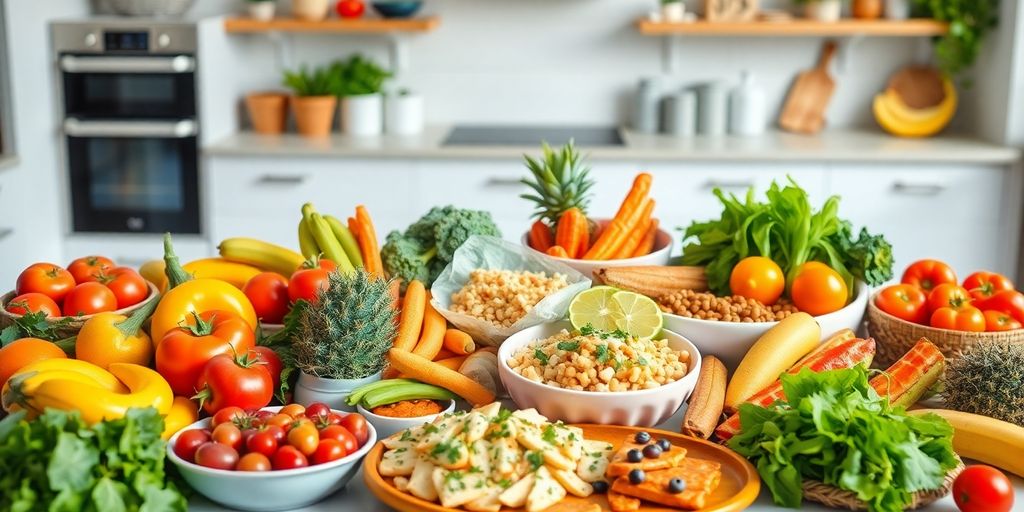 Fresh fruits and vegetables on a bright kitchen table.