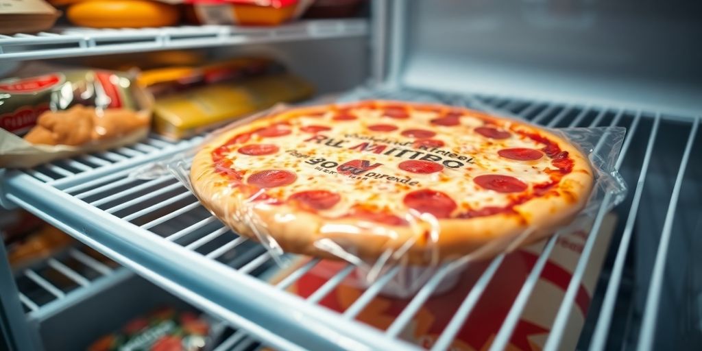 Frozen pizza in an organized freezer, wrapped for freshness.