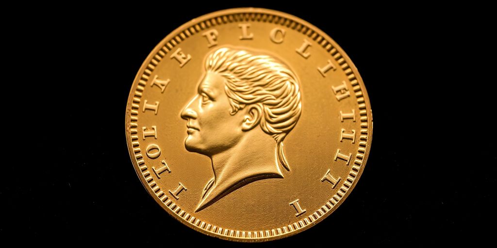 Pièce de Napoléon en or sur fond sombre.