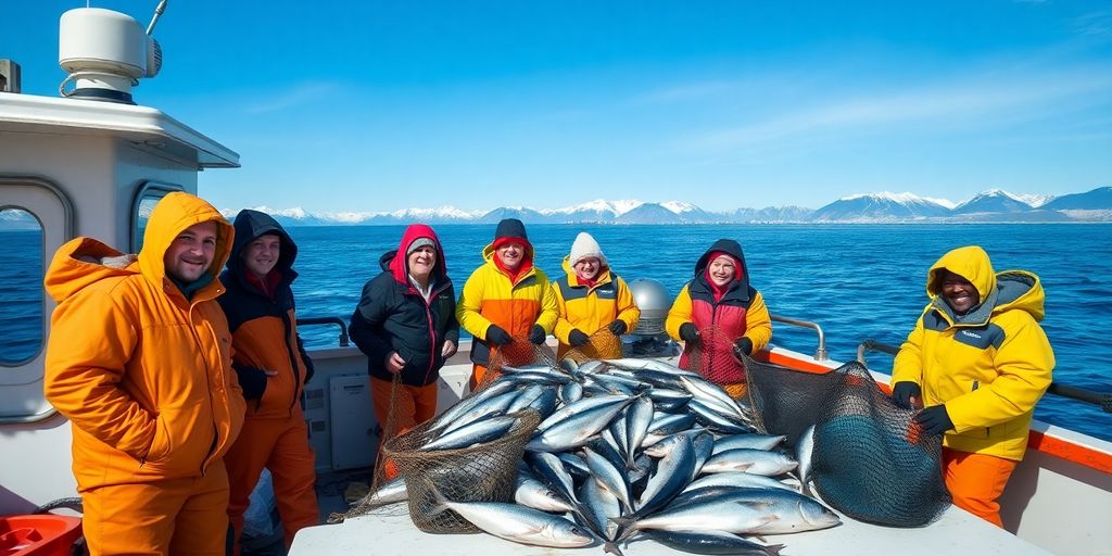 A fishing crew works on the deck of a boat.