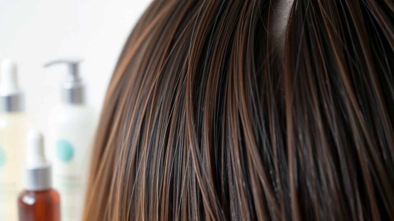 Close-up of healthy hair and scalp with hair care bottles.