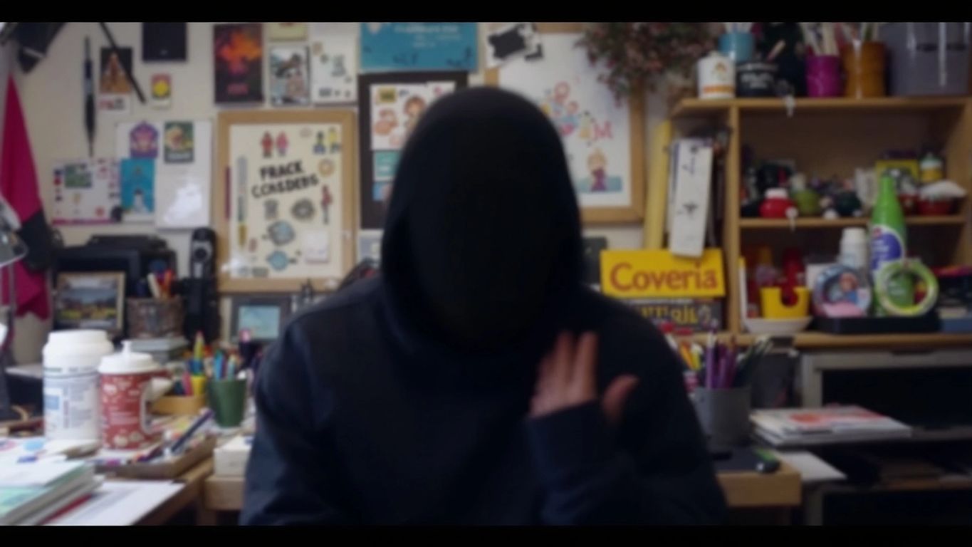 A blurred figure in a creative workspace, no face visible.