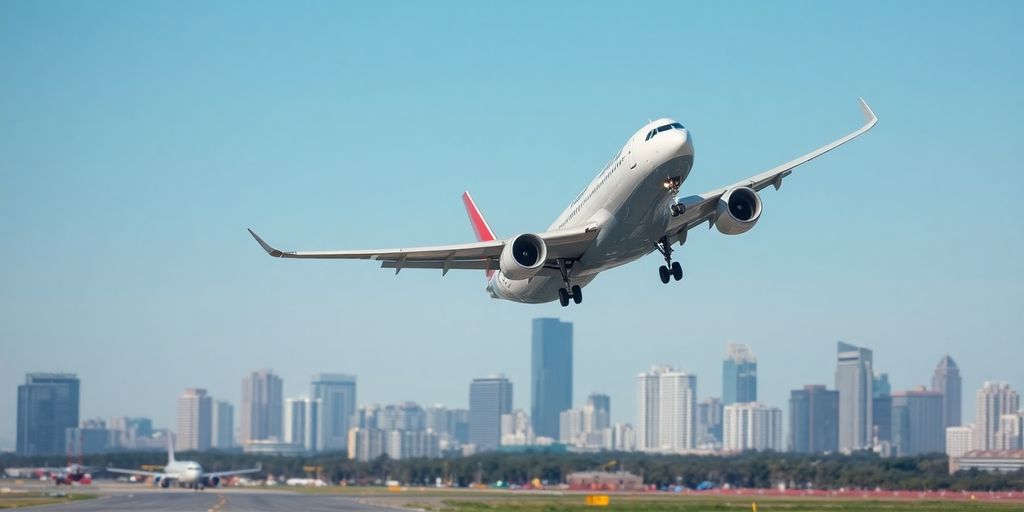 Aircraft landing with a city skyline in the background.