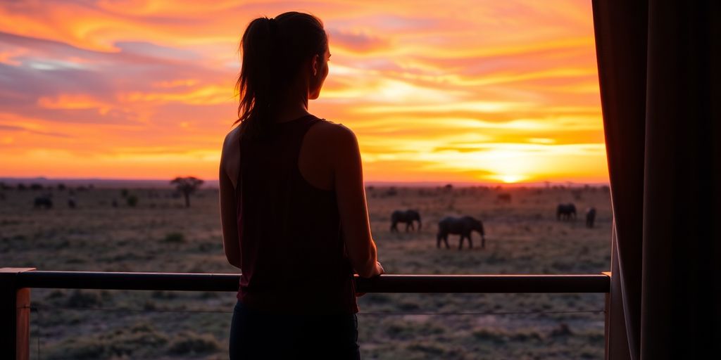 Woman standing on a balcony overlooking the savannah