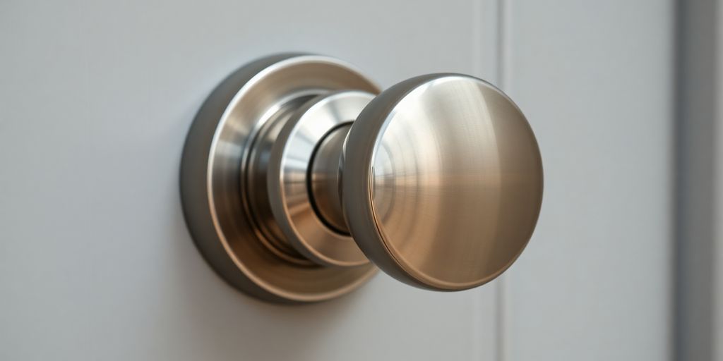 Close-up of a modern, brushed nickel exterior door knob.