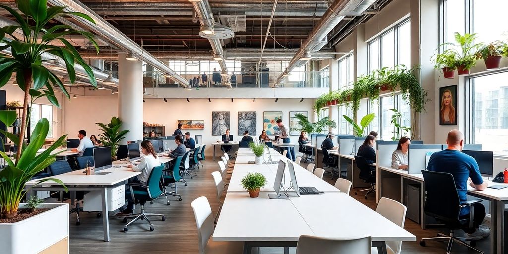 Bright coworking space with modern furniture and vibrant decor.