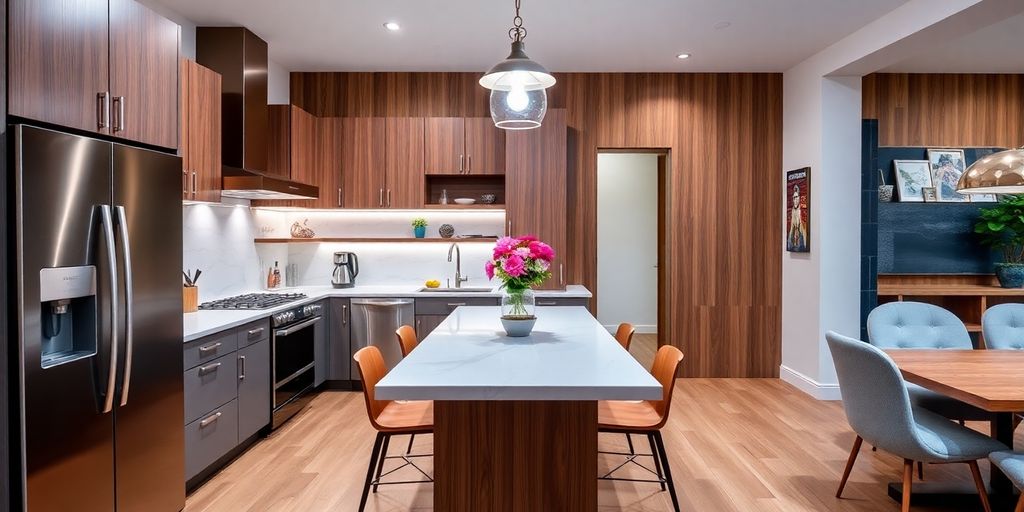 Modern kitchen with stylish cabinets and bright lighting.