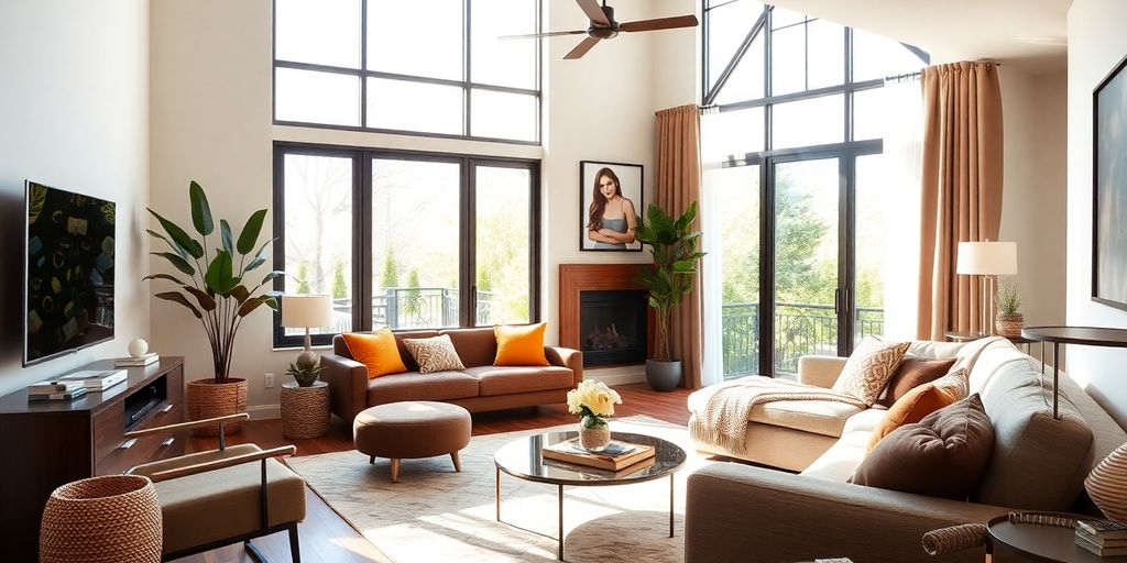 Modern living room with natural light and stylish decor.