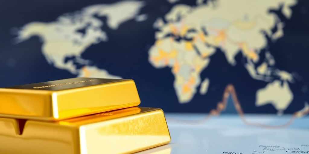Lingots d'or empilés et carte du monde