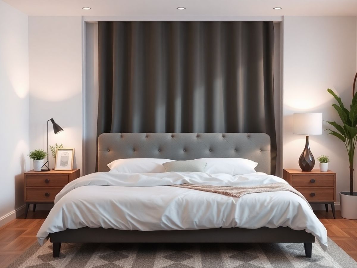 Cenário tranquilo de quarto com cama e iluminação suave.