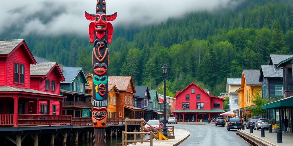 Colorful historic buildings and a totem pole in Ketchikan, Alaska.
