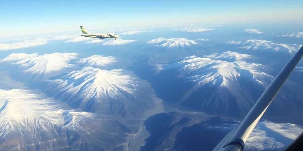 A small plane flies over a vast Alaskan mountain range.