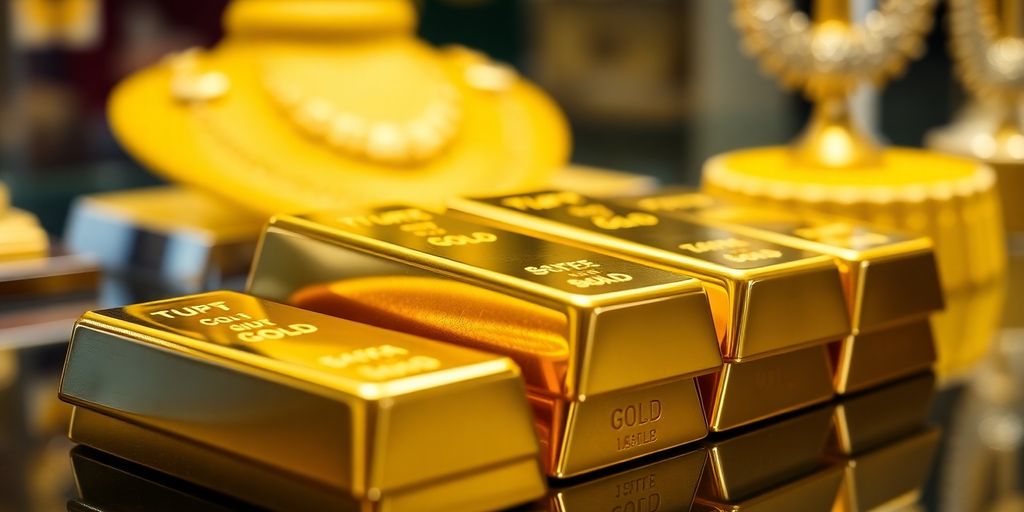 Barres d'or empilées sur un fond flou.