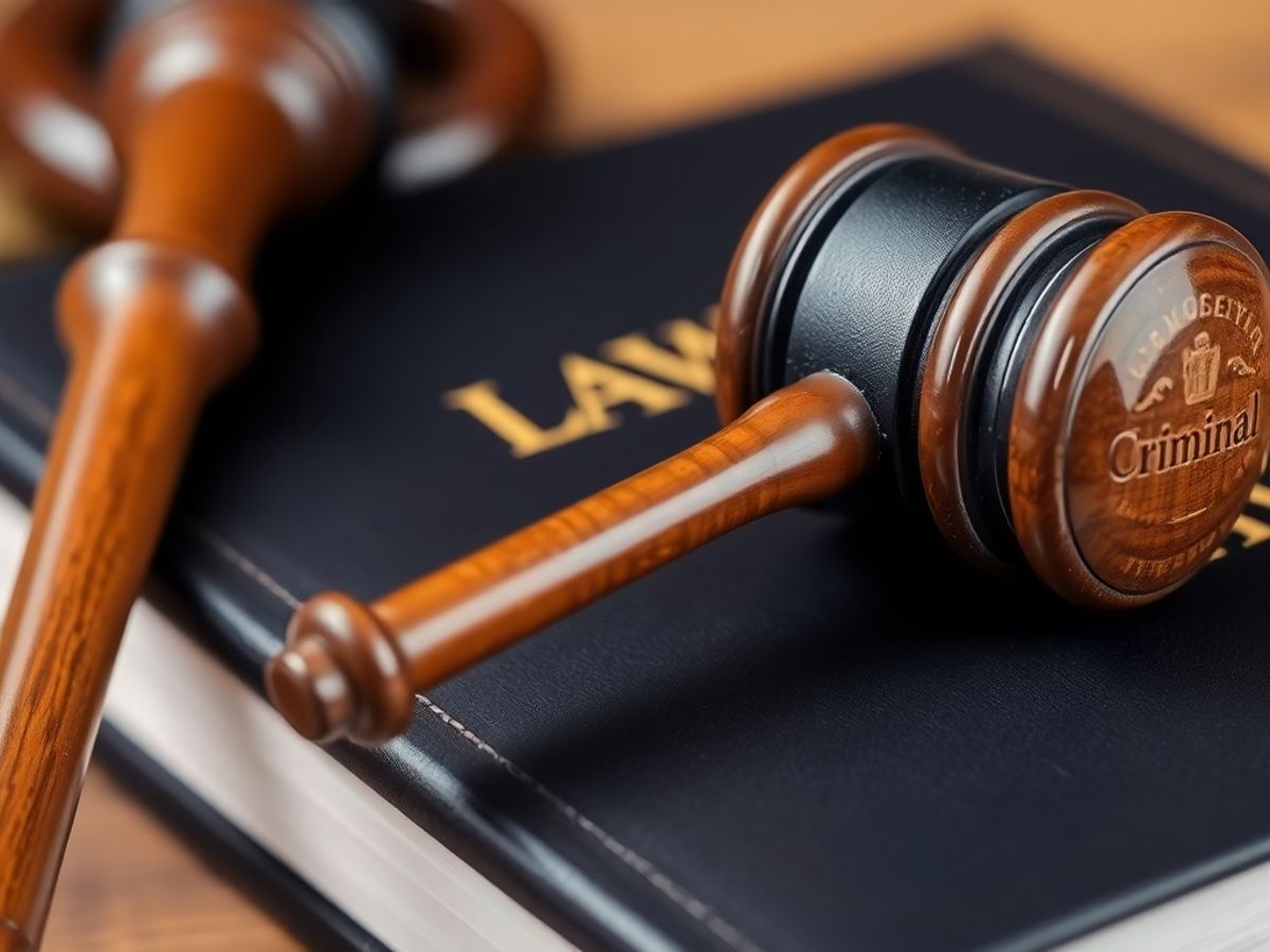 Ciocan de judecător pe o carte de drept penal.